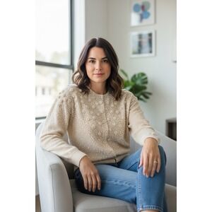 Banfe Vintage 1960s British Hong Kong Cream Sequins Bead Cardigan Sweater Sz 38